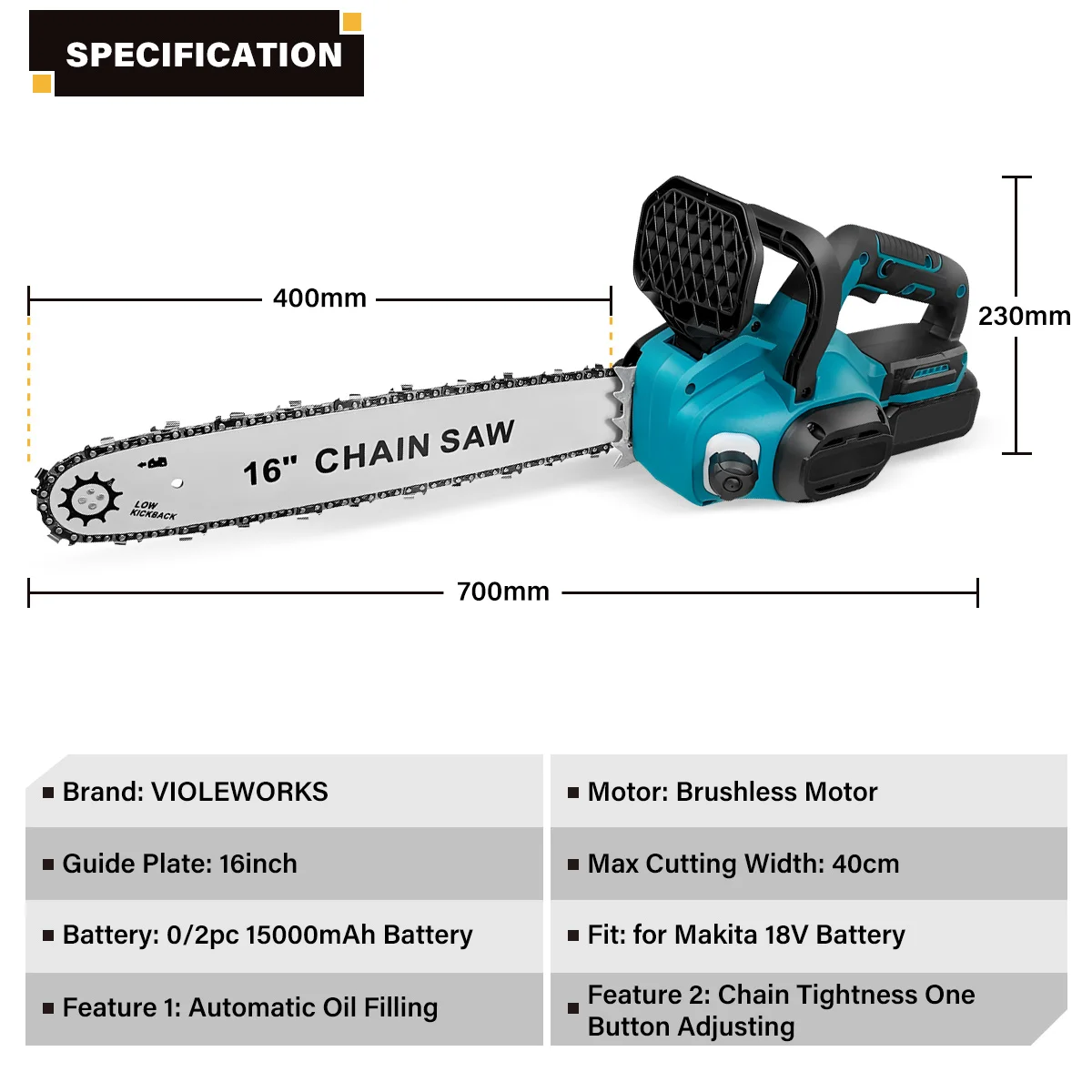 Electric Chainsaw 16 Inch Brushless Electric Chainsaw Garden Cordless Saw Automatic Oil Filling Tree Branches Cutter for Makita 18V Battery