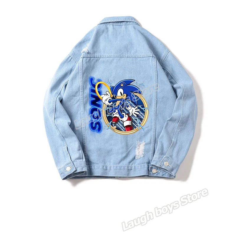 thumbnail image 1 of Chaqueta de mezclilla Sonics con figuras de juego, chaquetas de mezclilla con agujeros rotos, estilo retro americano de primavera y otoño, moda de tela, blusas con cuello vuelto, 1 of 5