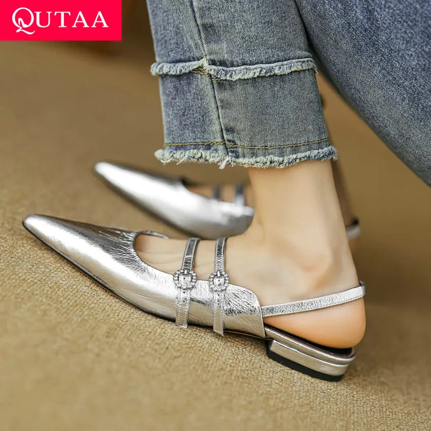 

QUTAA 2024 New Arrival Women Sandals Casual Flat Heel Pointed Toe Genuine Leather Slingbacks Summer Shoes Woman Size 34-40