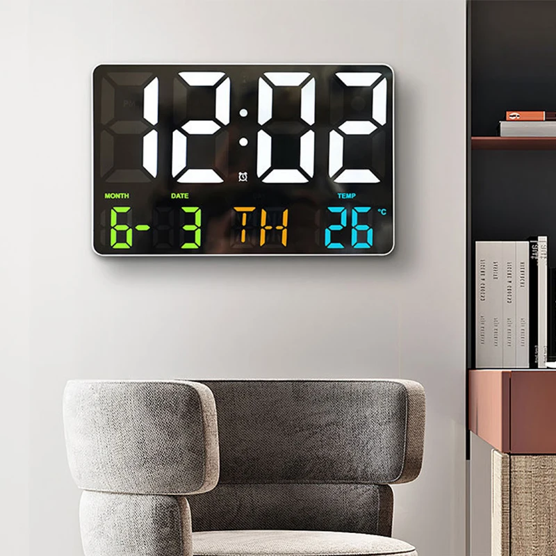 Reloj de pared electrónico grande con Control remoto, Relojes LED digitales montados en la pared, detección de luz, temperatura, fecha, apagado, memoria, reloj de mesa image_1