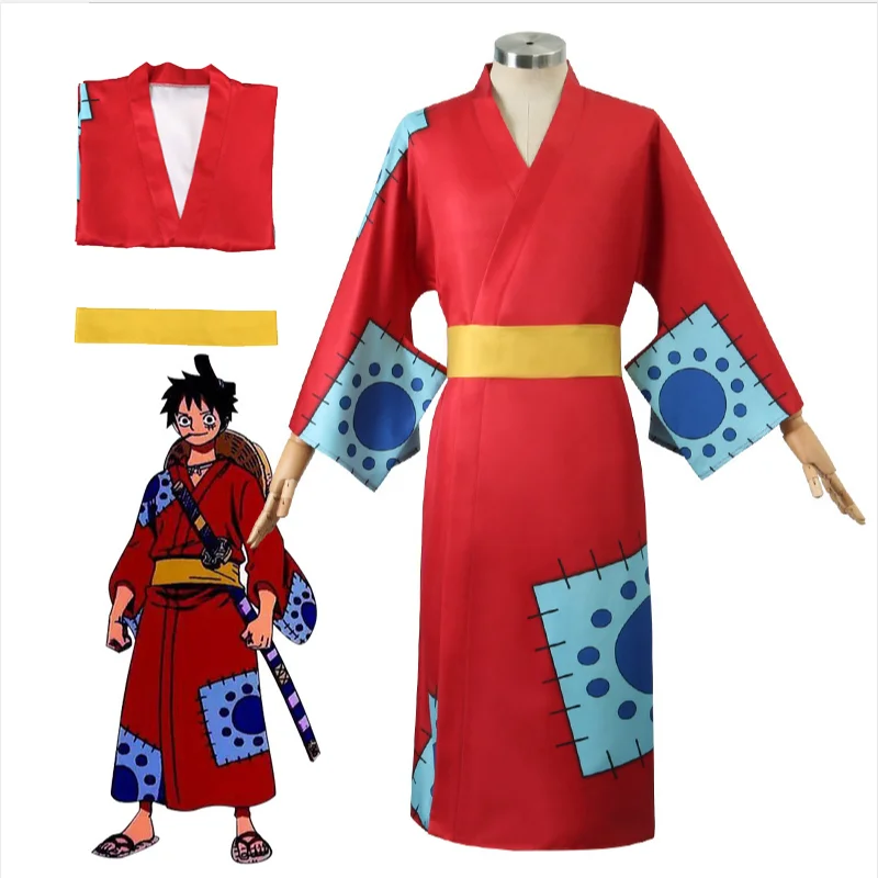 

Anime Monkey D. Luffy Wano Country Cosplay Costume Red Kimono Outfits Carnival Uniform Halloween Party Role Play Suit