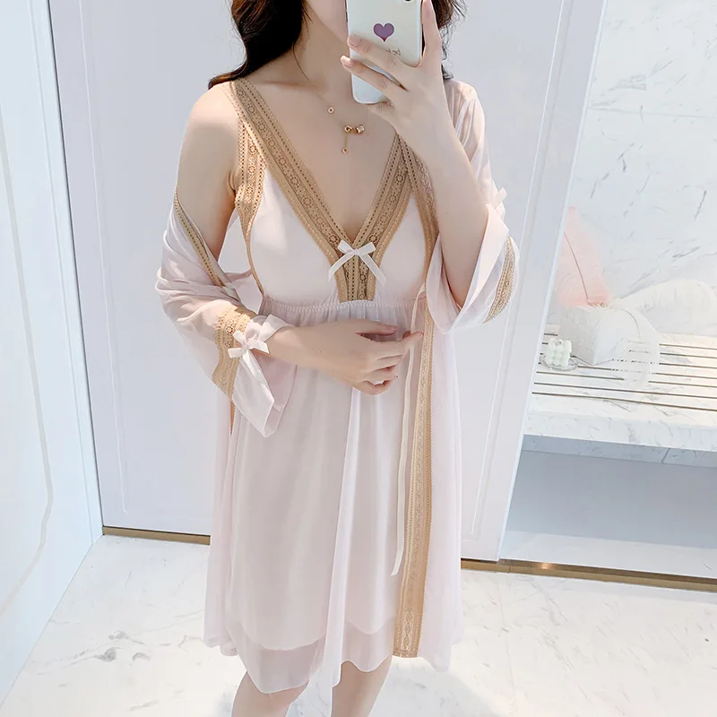 The new mesh midi skirt is a homely style with a champagne-colored lace two-piece nightdress with chest pads