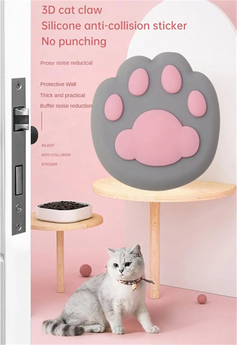 Description Picture 2 of itemCat Claw Anti-collision Pad Cute Door Handle Anti-collision Sticker Three-dimensional Silicone 3D Protection Wall