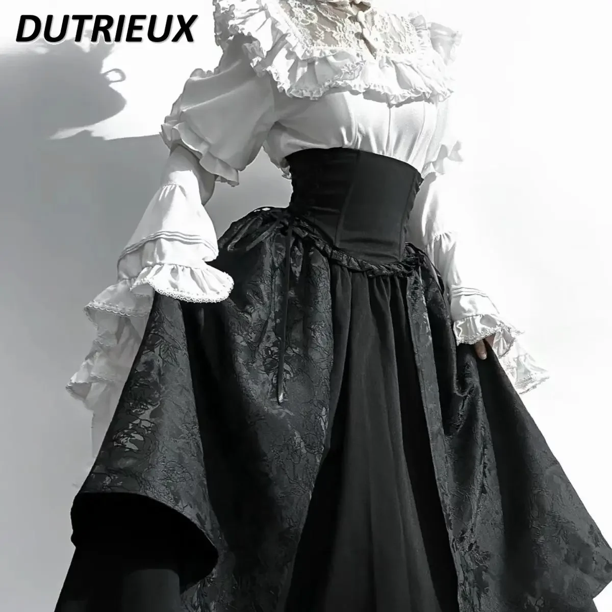 Japanese Lolita Gothic Sweet Girls Solid Color Long-sleeve Shirt Gorgeous Elegant Versatile Top and High Waist Long Skirt 2