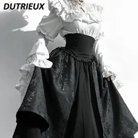 Japanese Lolita Gothic Sweet Girls Solid Color Long-sleeve Shirt Gorgeous Elegant Versatile Top and High Waist Long Skirt 2