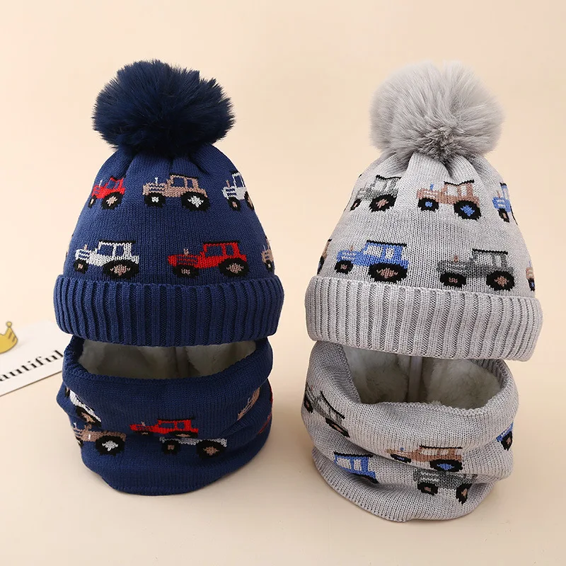 New Autumn Winter Children's Wool Knitted Hat Scarf Two-piece Set Children Plush Thick Wool Caps Outdoor Boys Windproof Hat