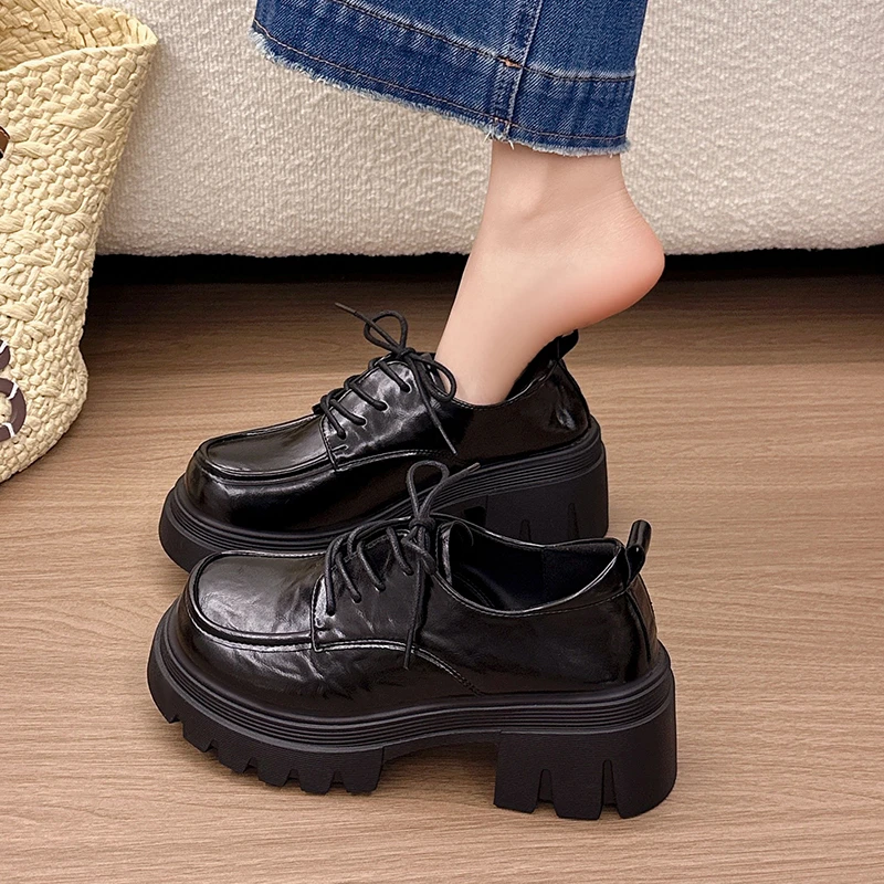Aphixta 6cm Square Heel Women Loafers Lace Up Classic Woman Spring Shoes Platform High Quality Leather Ladies Casual Shoes