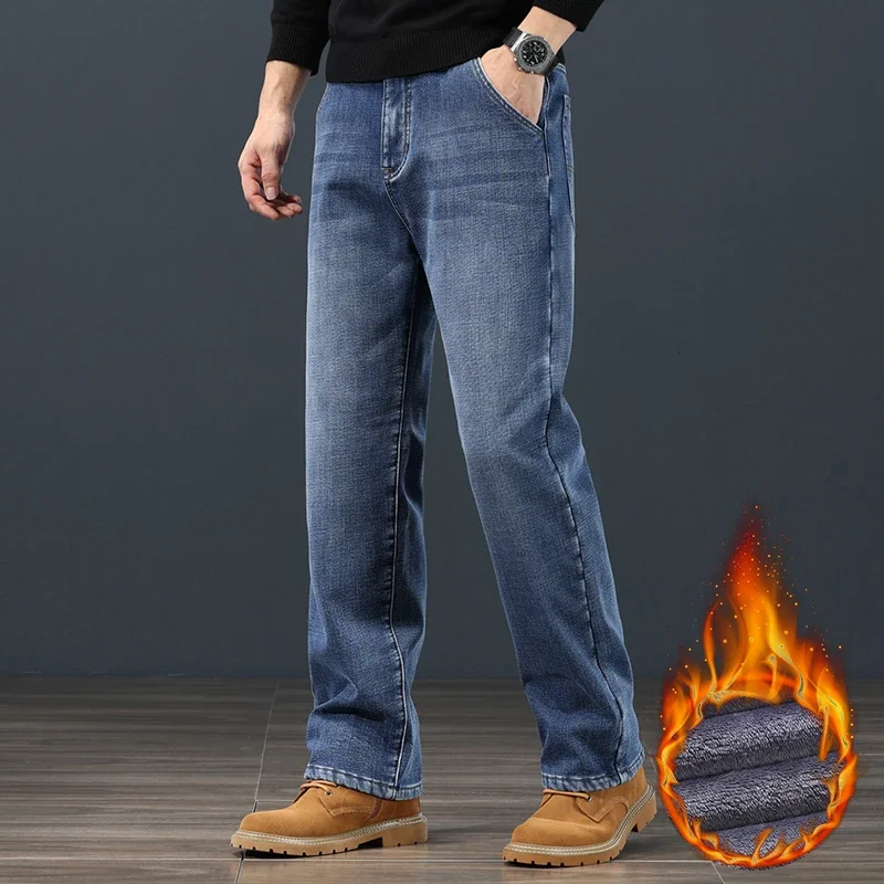 Winter Fleece Warm Men's Jeans Classic Loose Straight Plush Denim Pants Thickened Fashion Stretch Casual Thermal Trousers 42 44
