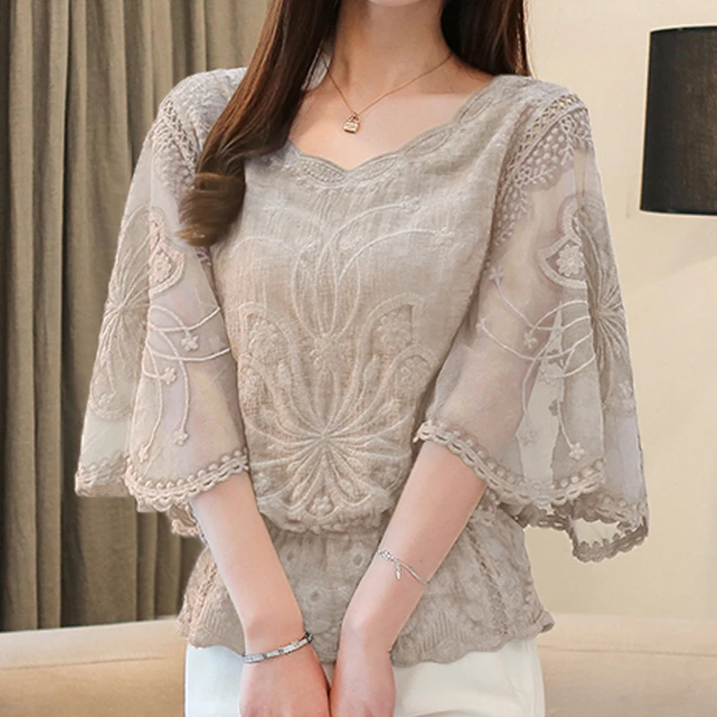 Women Elegant Lace Blouse Shirt for Spring Summer