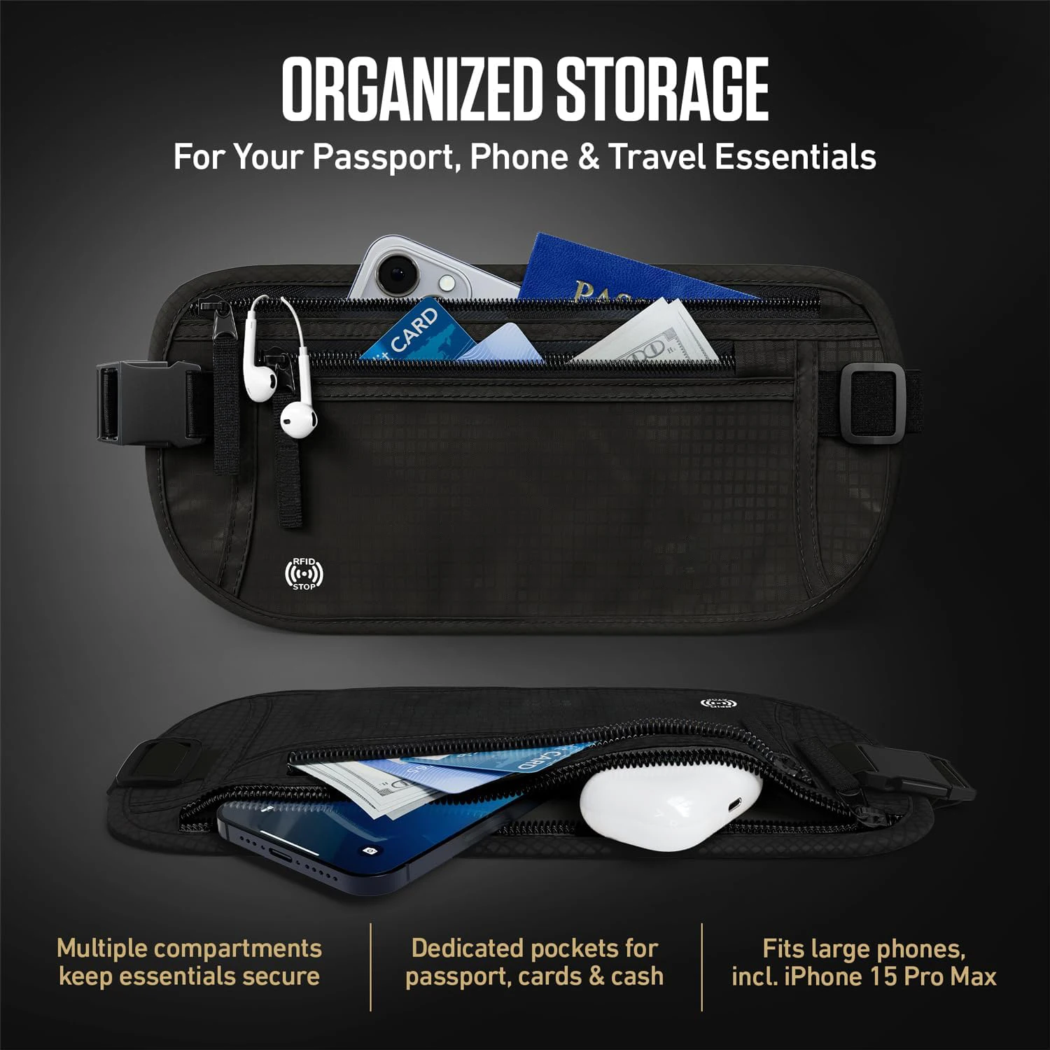 Cintura per soldi da viaggio: porta passaporto sottile con blocco RFID, custodia da viaggio per proteggere contanti, carte di credito e documenti di viaggio - immagine 5