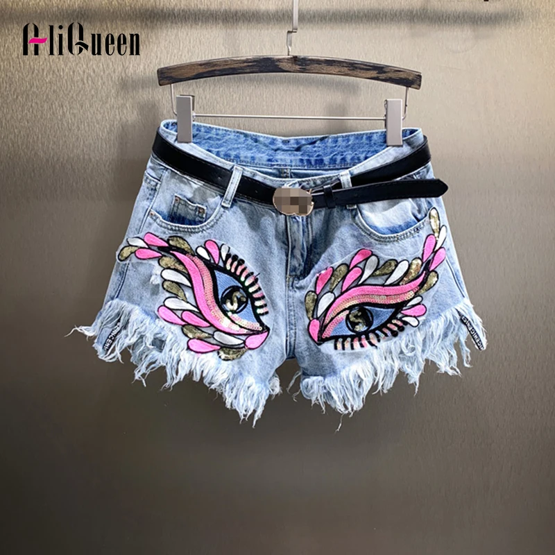 

2023 Summer Women Cute 3D Cartoon Eyes Patchwork Tassel Denim Shorts Female Casual Streetwear Sequins Short Jeans Trousers