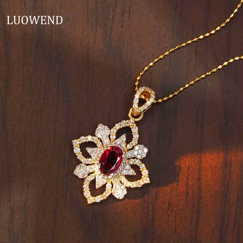 LUOWEND 18K Yellow and White Gold Real Natural Ruby Shiny Gemstone Elegant Palace Style Necklace for Women Diamond Jewelry