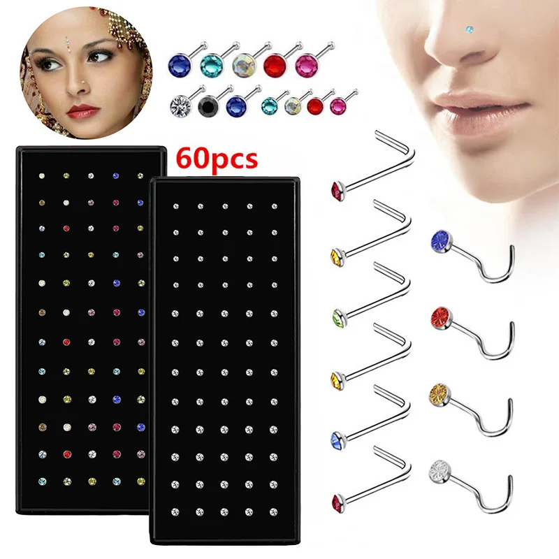 Stainless Steel L Shape Nose Stud 20G Crystal Straight Stud Nose Ring Set Lot Piercing Nostril Pin Body Jewelry nose rings piercing jewelry nose studs body piercing jewelry body jewelry