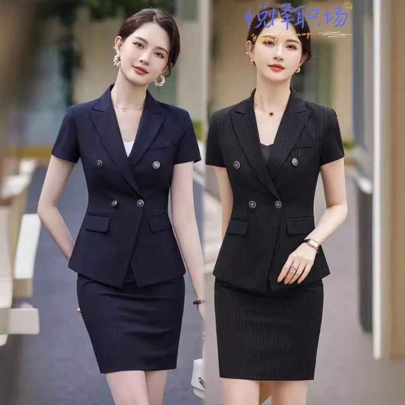 

Business Suit Women's Summer Short Sleeve High-End Striped Overalls Hotel Front Desk Jewelry Store Beauty Salon Workwear