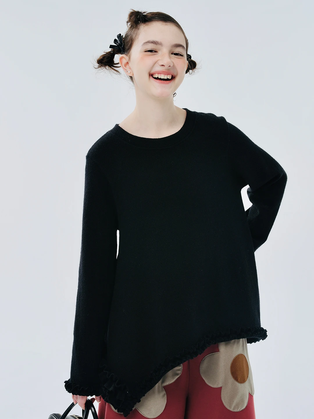 IMAKOKONI 오리지널 디자인 긴팔 라운드넥 풀오버, 단색 밑단, 불규칙한 탑 보터밍 셔츠, 여성 의류 244441