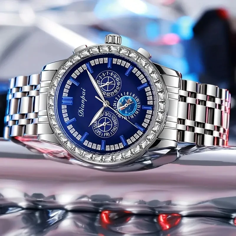 DIANPAI Men's Fully Automatic Mechanical Watch Night Glow Waterproof Stainless Steel Multi functional Watch
