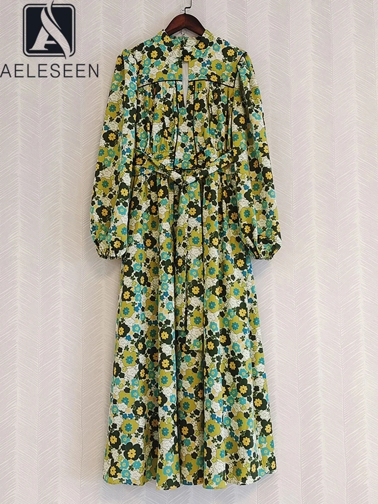 

AELESEEN Runway Fashion Women Maxi Dress Spring New Long Sleeve V-Neck Belt Green Flower Print Elegant Party Vacation