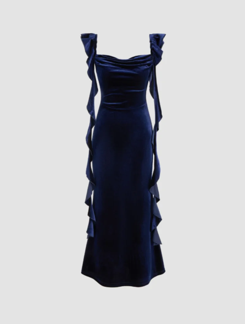 Off Shoulder  Velvet Long Dresses Women Sexy Sleeveless Ruffles Dress Slim Bodycon Dress With Streamer Summer Evening Party Gown