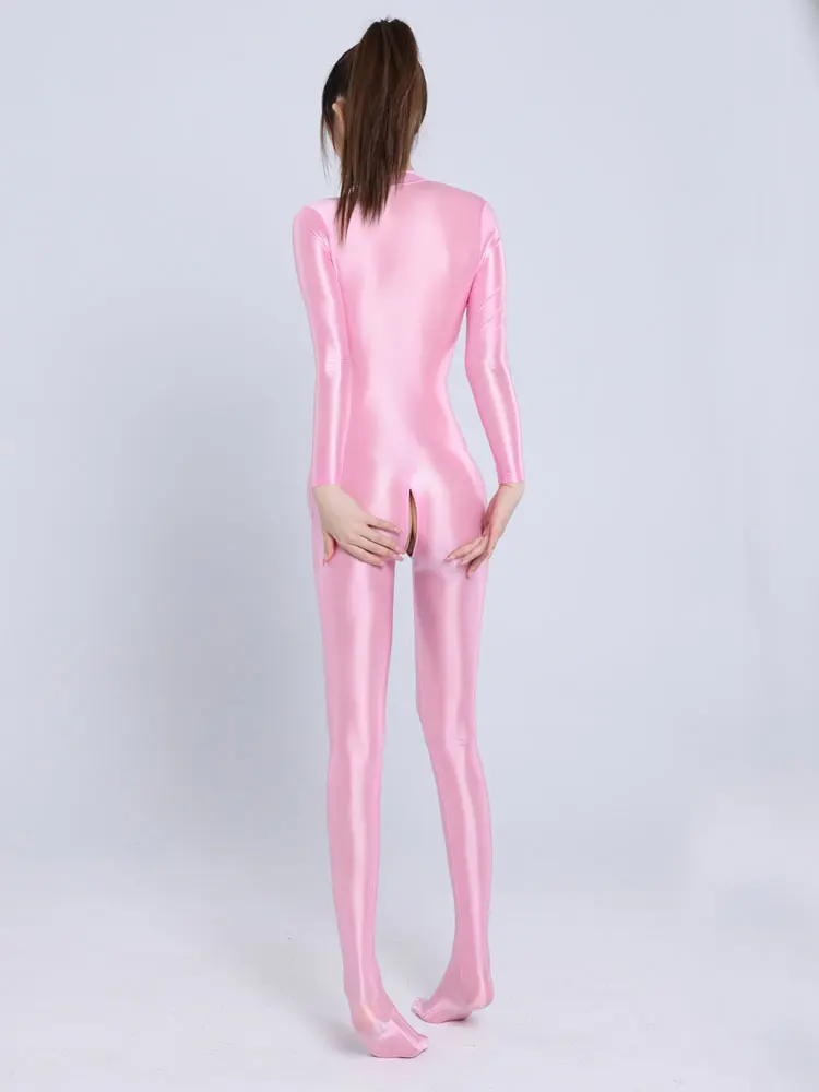 Oil Shiny Smooth Jumpsuit with Zipper Open Crotch Sexy Women\'s Night Club Party Full Bodysuit Long Sleeve Slim One-pieces