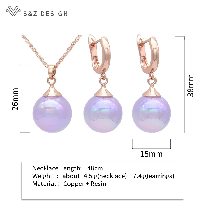 S&Z DESIGN New Fashion 585 Rose Gold Color Round Colorful Bead Drop Earrings Jewelry Sets For Women Wedding Pendant Necklace