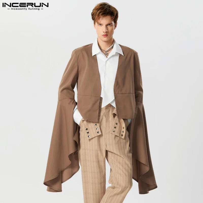 

Stylish Casual Style Tops INCERUN Men Fashion Personality Collarless Blazer Streetwear Long Flared Sleeves Loose Suit Coat S-5XL