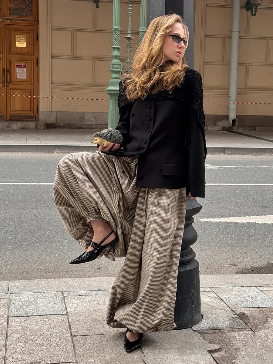 Bornladies Women's New Retro Brown Lantern Pants High Waist Trendy Loose Fit Plaid Spring Summer Fashion Trousers