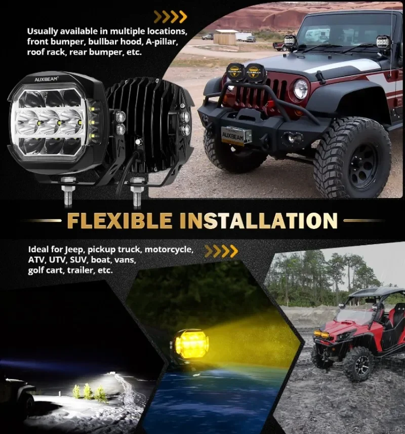 AUXBEAM 5인치 174W LED 라이트 포드 270 ° 초광폭 조명 작업등 DRL 방향 지시등이 있는 흰색 운전등 작업등