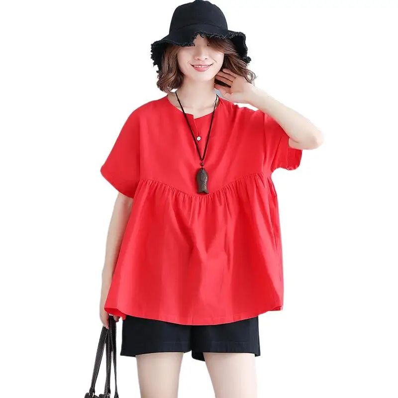 

Women Loose Solid T-Shirts Thin Cotton and Linen Button Ruffles Short Batwing Sleeves Tee Tops Women Blouse Plus Size Tops