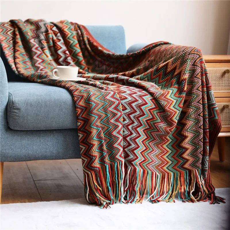 

Bohemian Sofa Blanket Boho Knitted Stripes Throw Blanket with Tassel Nap Shawl Blanket Air Conditioning Blanket Bed End Blankets