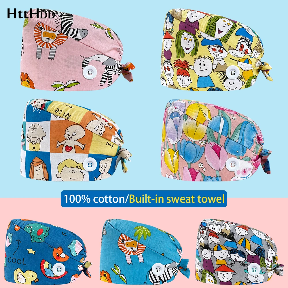 

Унисекс шапка скрабы с мультяшным принтом для женщин домашних животных клиник ветеринарные медицинские шапки регулируемые с пуговицами хлопчатобумажные мужские