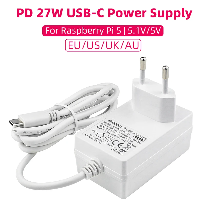 Raspberry Pi 5 5.1V 5A مصدر الطاقة PD 27W USB نوع C GaN شاحن الاتحاد الأوروبي الولايات المتحدة المملكة المتحدة التوصيل محول الطاقة ل Raspberry Pi 5/4B RPI 5