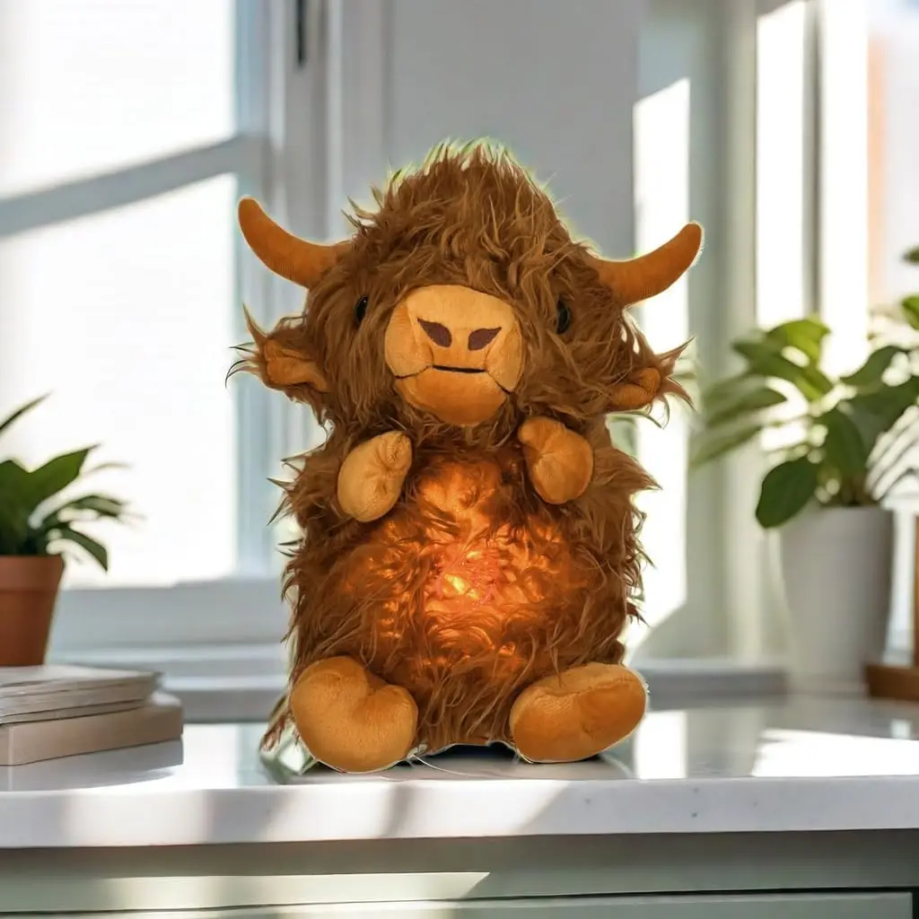 Soothing Snuggle Cute Highland Cow Stuffed,Soothing Breathing,Sleeping Cow Plush Toy with Breathing Action and Lighted Music