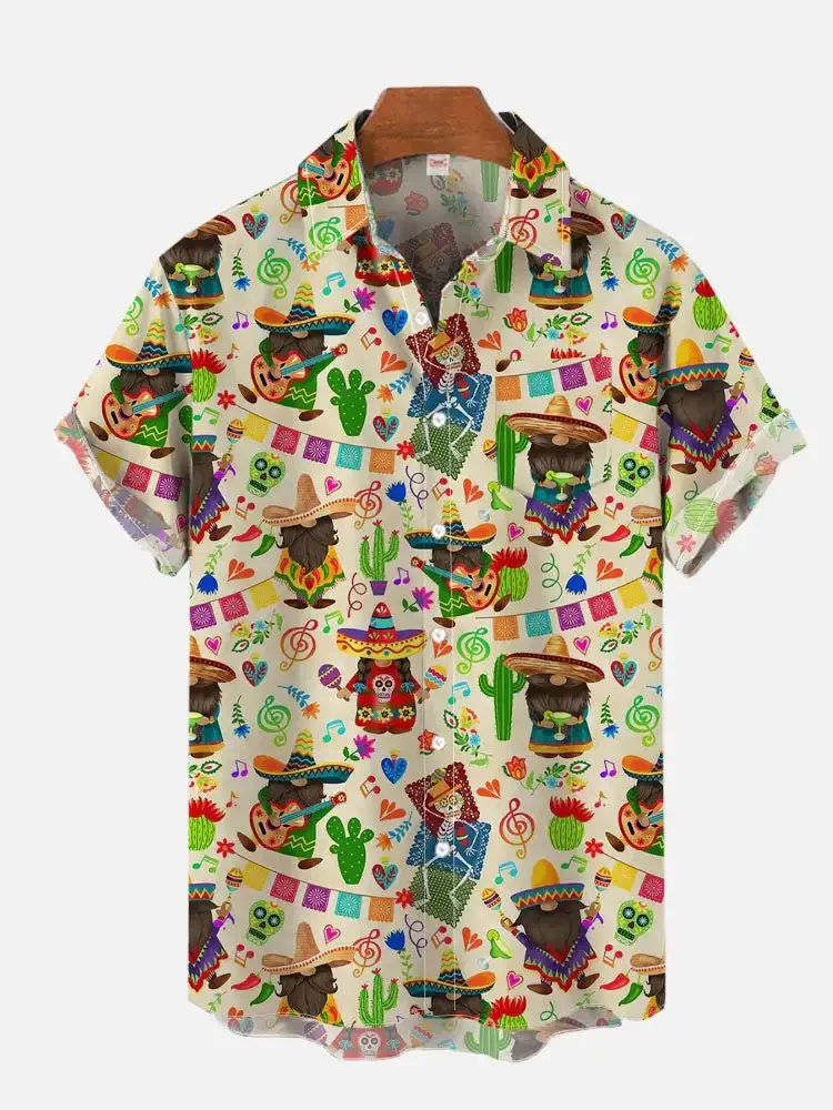 New Mexican Party Creative 3D Printed Hawaiian Loose Short Sleeve Pocket Shirt