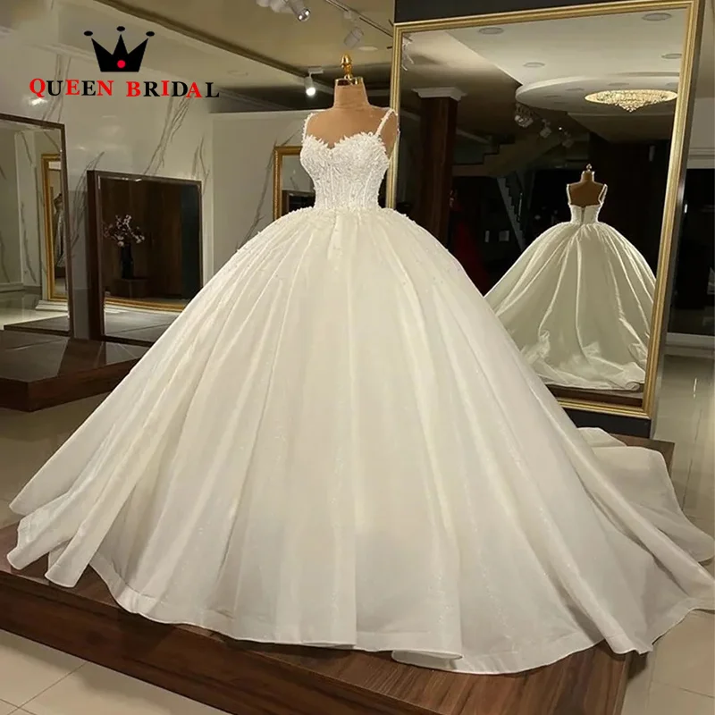 

Luxury Pearls Sequined Appliques Wedding Dress Sleeveless Spaghetti Straps V Neck Bridal Ball Gown Vestidos De Novia Custom H13M