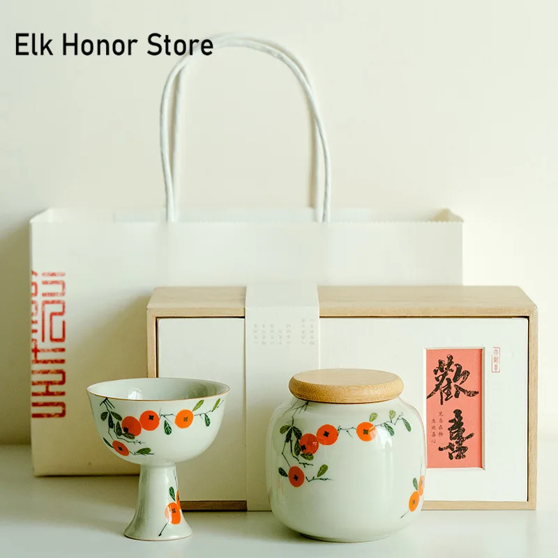 

High-end Grass Wood Ash Teacup Pure Hand-painted Persimmon Tea Jar Caddy Tea Set Designer Tea Ceremony Kung Fu Teaware Gift Box