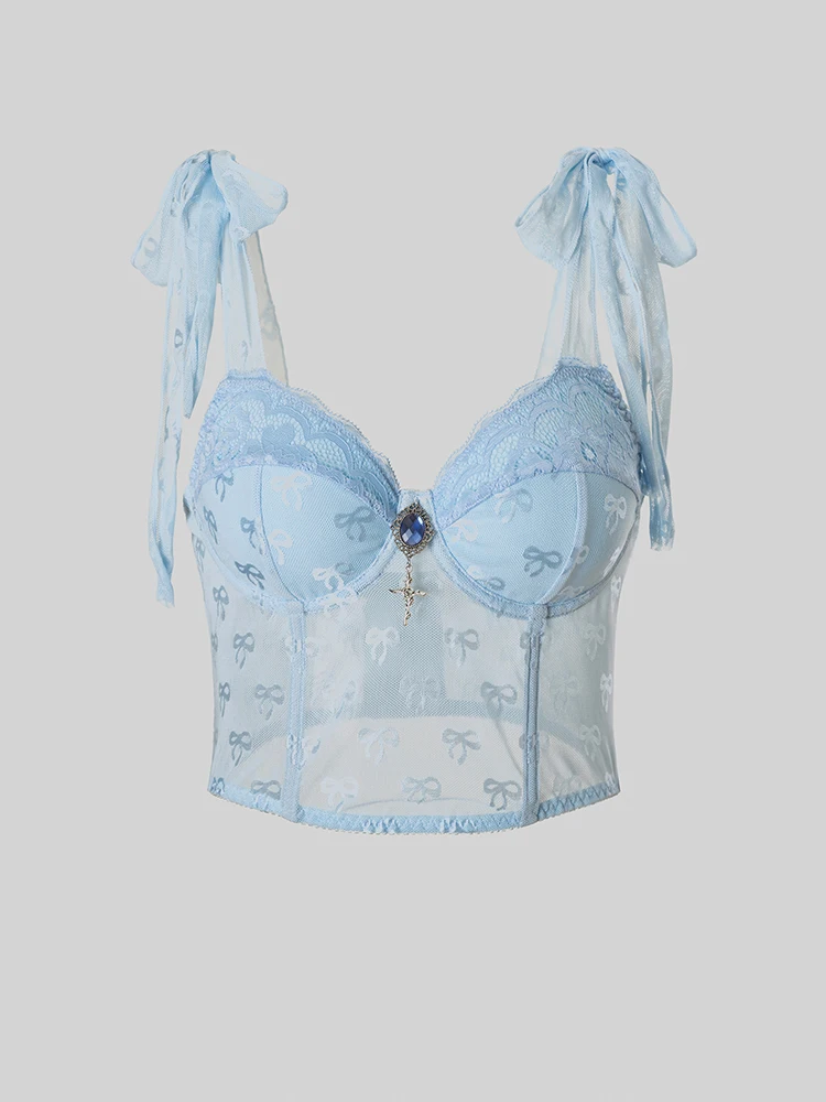 New Sexy Lace Bra Light Blue Bow Print Korean Style Fashion Sleeveless Tops Summer Sweet Crop Tops Slim Chic Lady Camisole