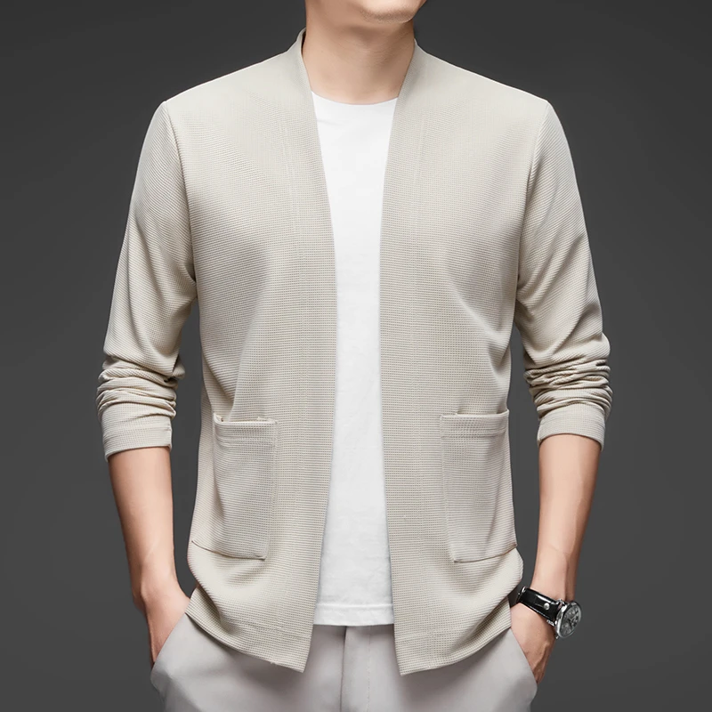 Neue Herren-Business-Casual-Langarm-Umhangjacke in einfarbiger Farbe, gestrickt, bequem und modisch, vielseitiges Oberteil für die ganze Saison – Detail 3