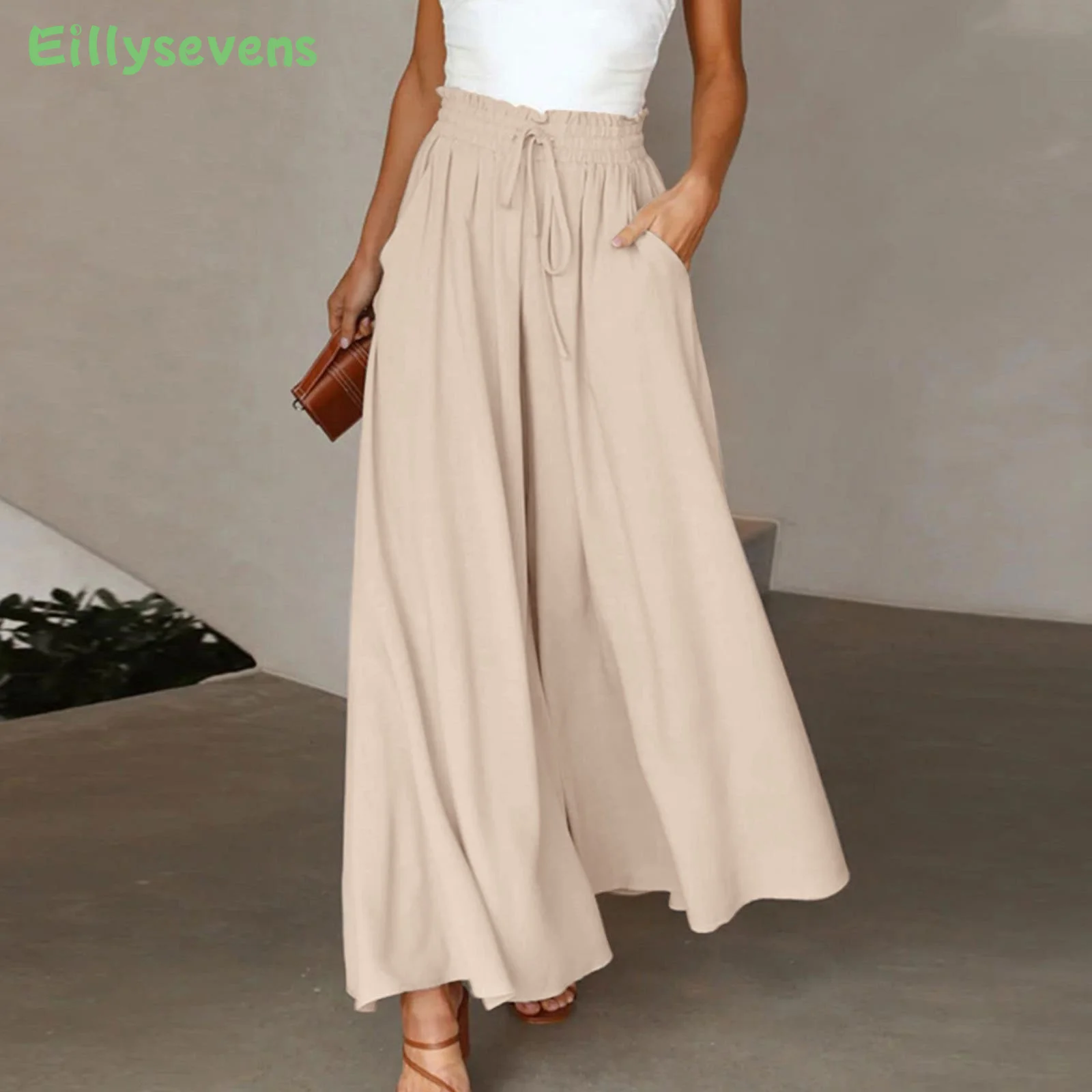 

Spring Summer New Fashion Cotton and Linen Solid Color Fungus Edge High-waisted Women's Trousers Nine-point Pants Wide-leg Pants