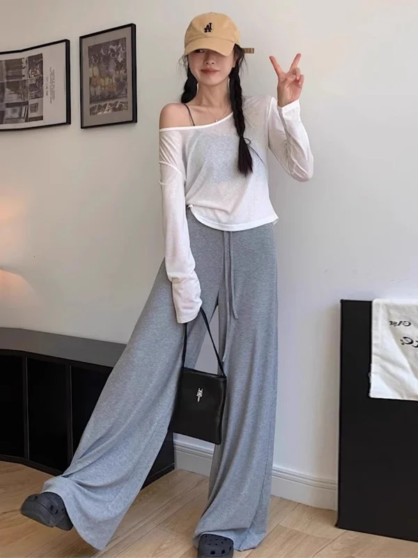 임산부 바지 얇은 아우터 배를 지지하지 않는 슬리밍 와이드 레그 팬츠 겨울 두꺼운 양털 봄 여름 얇은