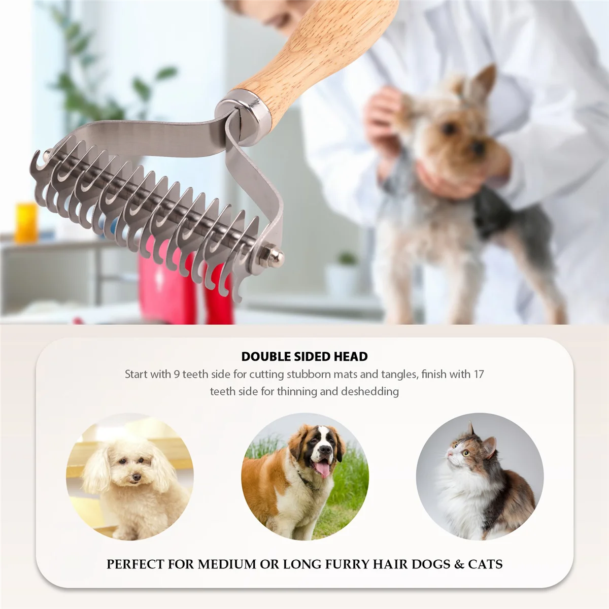 Pet Grooming Brush, 2 Sided Undercoat Rake for Dogs & Cats,Safe Dematting Comb & Deshedding Tool for Matted Hair/Tangles