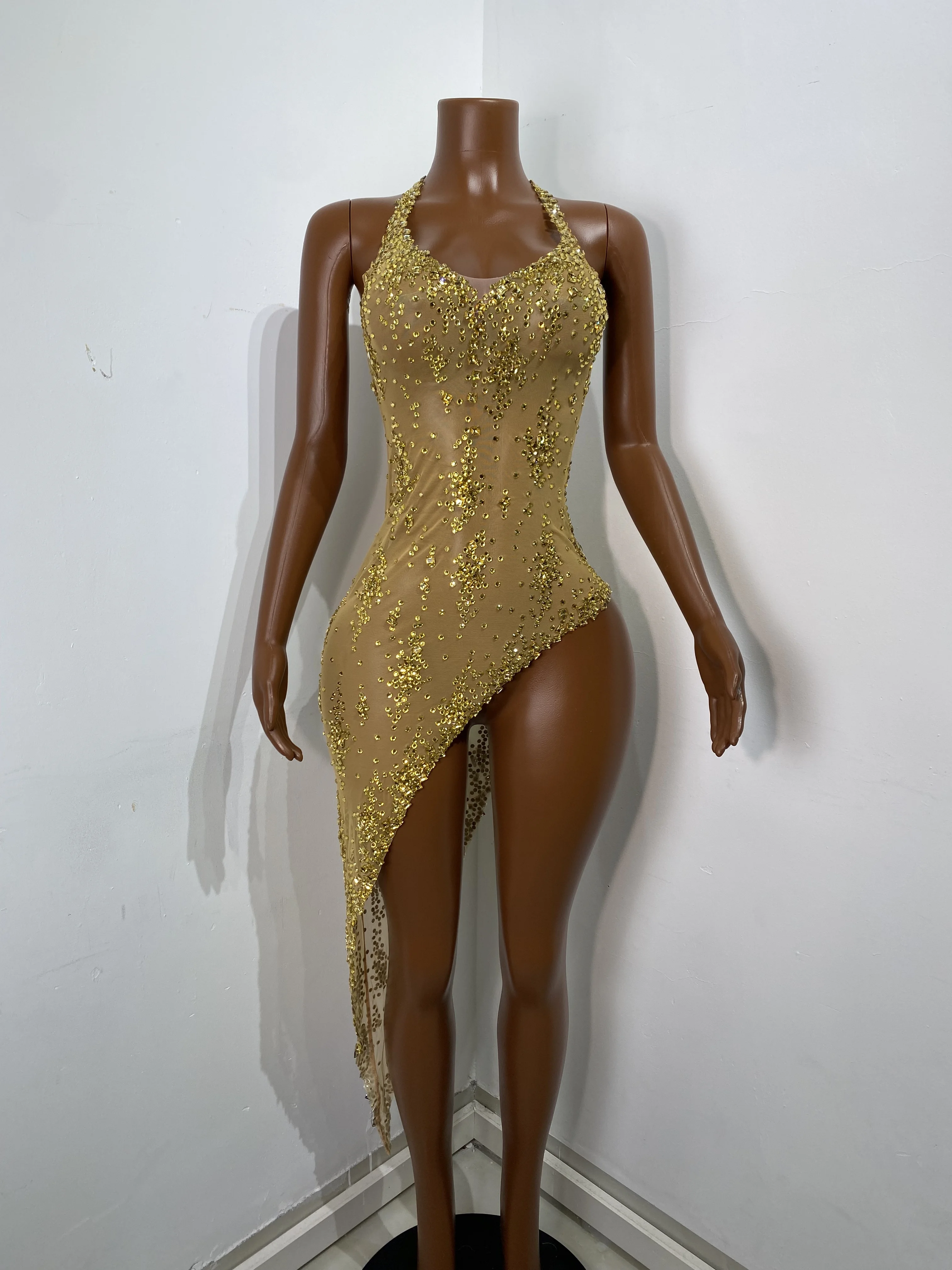 Bodycon Dress Gold Color Clothes Women Sexy Tank Red Crystal Gold Diamonds  Midi Bodycon Dress Birthday