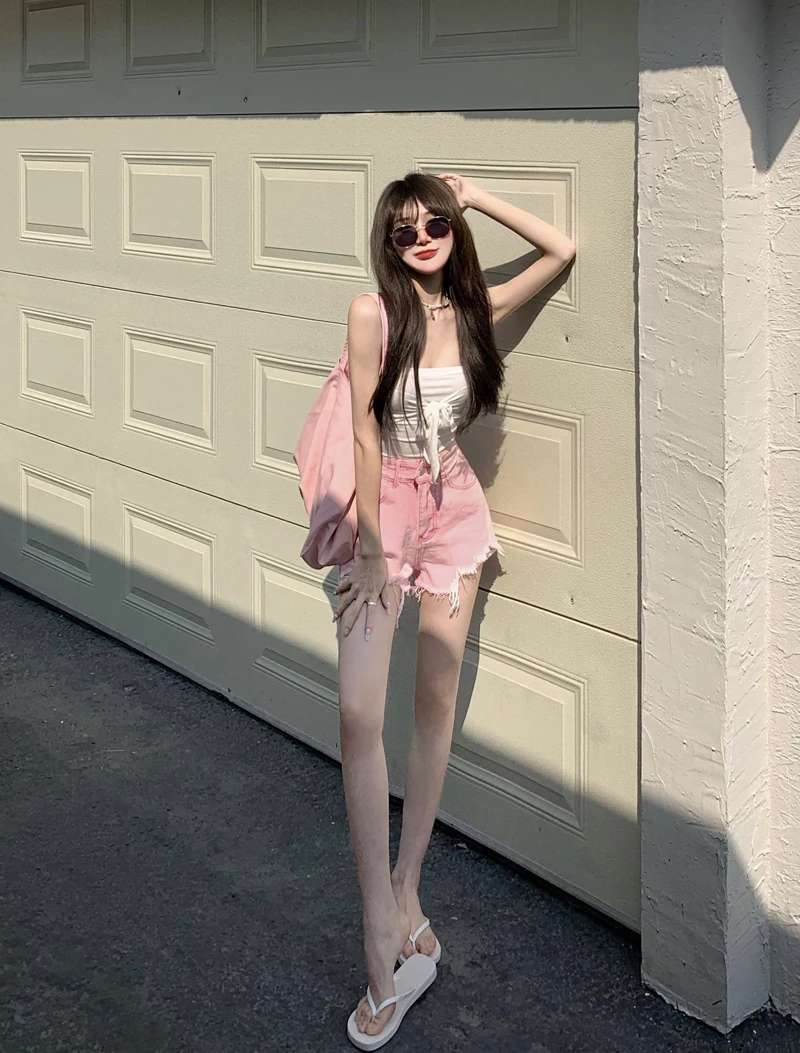 Basic Summer Denim Shorts Women 2021 Korean Style Casual High Waist Cuffed Tassels Ripped Holes Pink Jeans Shorts Female Bottoms workout shorts