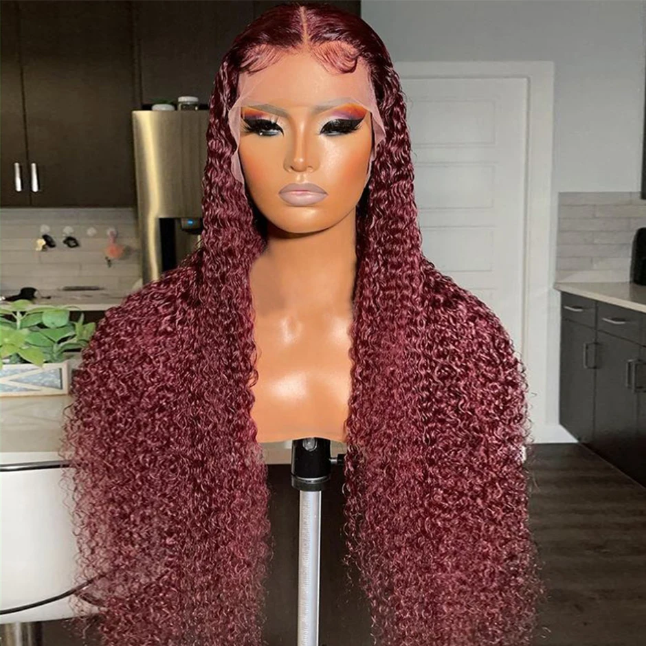

Burgundy 99j 180%Density 26Inch Long Kinky Curly Natural Hairline Glueless Lace Front Wig For Black Women Babyhair Preplucked