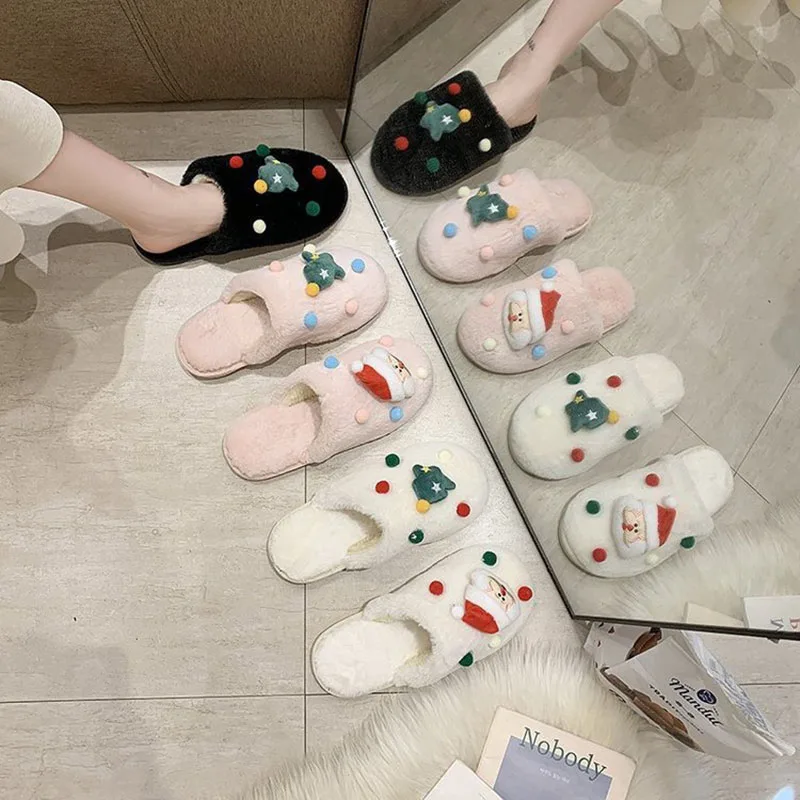 Christmas Cotton Slippers Women Shoes Winter Comfort Slides Plush Thicken Original Ladies Shoes Warm Plush Woman Cotton Slippers