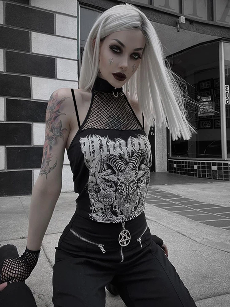 

Gothic Punk Tank Tops Mall Goth Grunge Print Harajuku Women Y2K Crop Tops Summer Vintage Black Sleeveless Streetwear