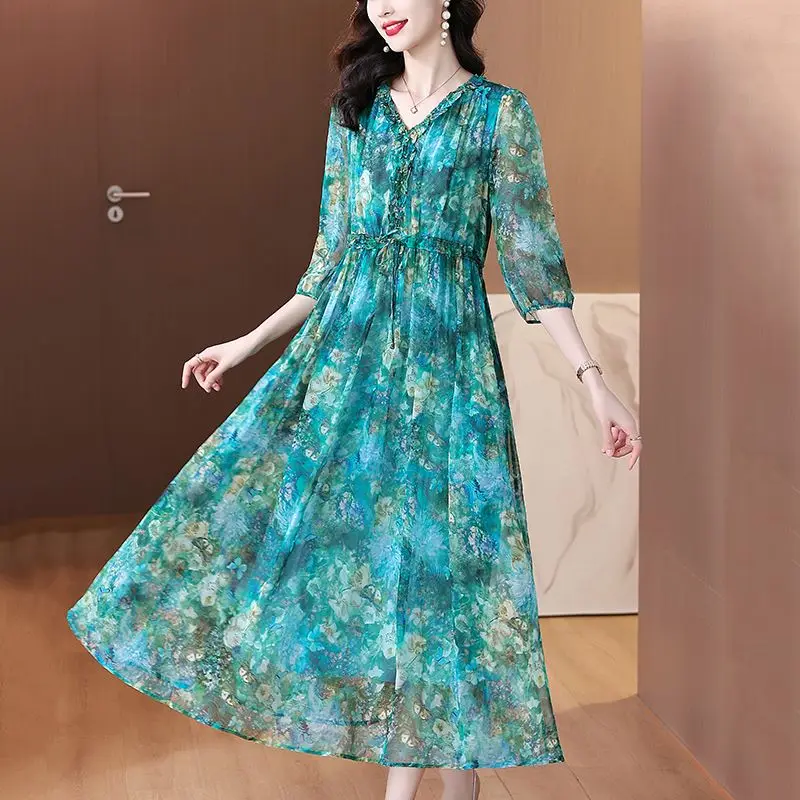 فستان طويل حريري مزهر ، فستان كاجوال كلاسيكي ، فست...