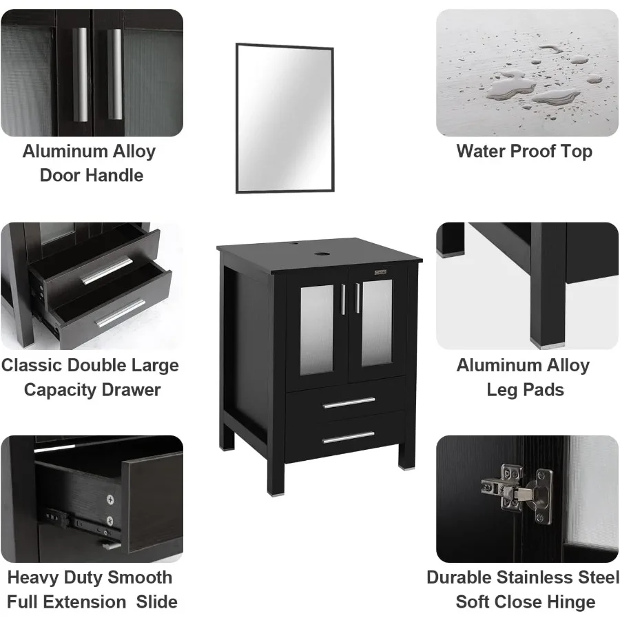 24" Modern Bathroom Vanities Sink Combo Black Stand Cabinet Wooden Pedestal with Soft Closing Glassed Doors Vanity Only 3