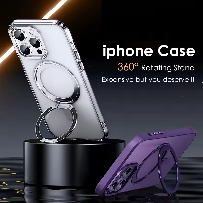 Magnetic 360° Rotation Stand Phone Case with Ring Holder - Frosted Transparent Matte Finish