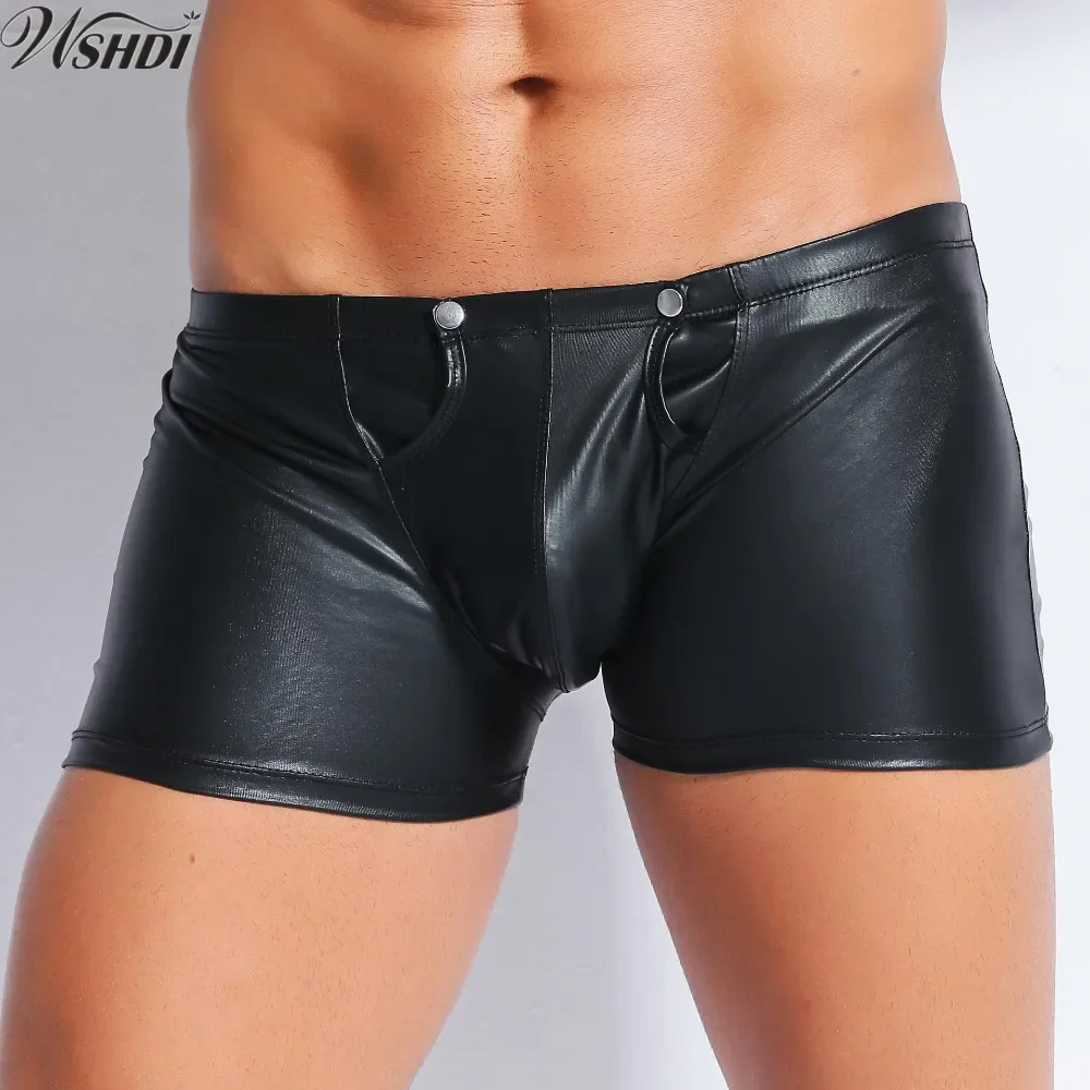 Black Mens Welook Patent Leather Open Crotch Boxer Shorts Teddy Fetish Costumes PU Catsuit Male Latex Short Pants