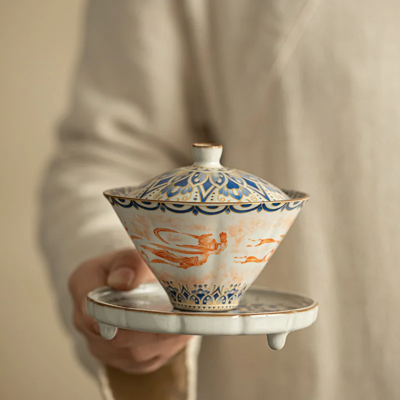 Jingdezhen Ceramics Rubbing Kweichow Moutai Dunhuang Tureen Kung Fu Tea Set Teacup Bamboo Hat Horseshoe Gaiwan Set, Covered Bowl